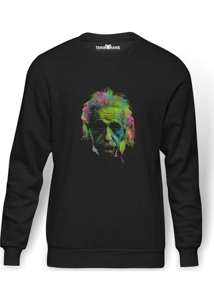 Albert Einstein Colors Baskılı Füme Erkek Örme Sweatshirt Uzun Kol