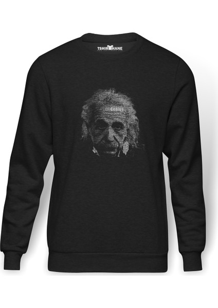Albert Einstein Tipografi Baskılı Füme Erkek Örme Sweatshirt Uzun Kol