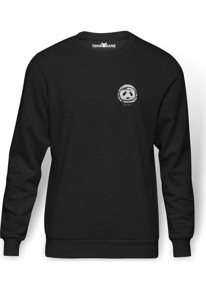 Göğüs Uzay Panda Baskılı Füme Erkek Örme Sweatshirt Uzun Kol