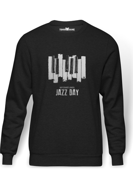 International Jazz Day Piano Button Baskılı Füme Erkek Örme Sweatshirt Uzun Kol
