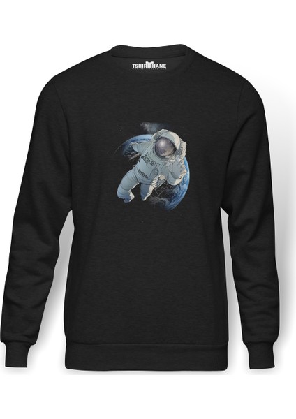 Astronot Dünyadan Uzaya Yolculuk Baskılı Füme Erkek Örme Sweatshirt Uzun Kol