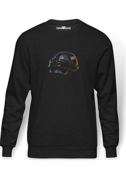 Pubg 3D Kask Born To Loot Baskılı Füme Erkek Örme Sweatshirt Uzun Kol