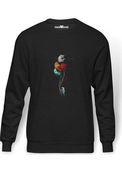 Balonlu Astronot Gezegenler Baskılı Füme Erkek Örme Sweatshirt Uzun Kol