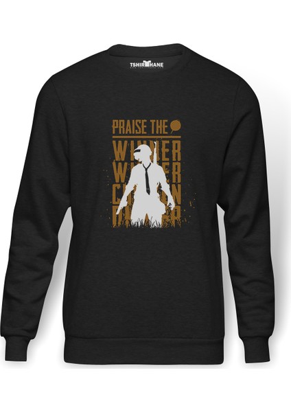 Pubg Praise The Winner Baskılı Füme Erkek Örme Sweatshirt Uzun Kol