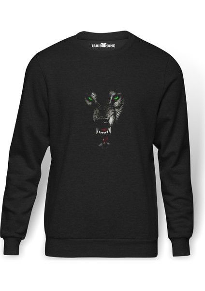 Kurt Mozaik Wolf Baskılı Füme Erkek Örme Sweatshirt Uzun Kol