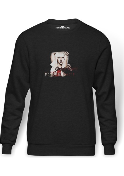 Lady Gaga Poker Face Baskılı Füme Erkek Örme Sweatshirt Uzun Kol