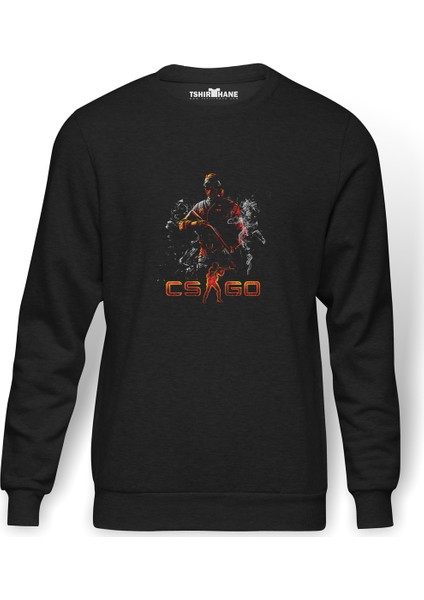 Cs Go Baskılı Füme Erkek Örme Sweatshirt Uzun Kol
