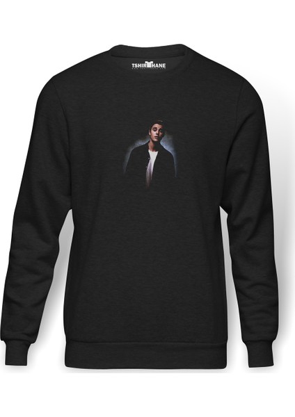 Skrillex And Justin Bieber Baskılı Füme Erkek Örme Sweatshirt Uzun Kol