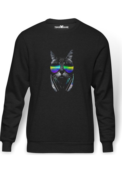 Dj Kedi Gözlük Kulaklık Baskılı Füme Erkek Örme Sweatshirt Uzun Kol