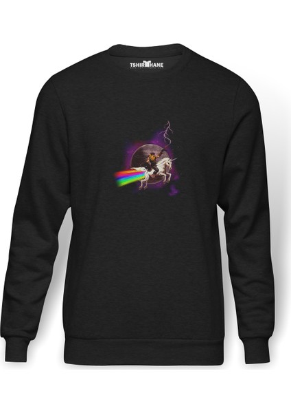 Space Unicorn Baskılı Füme Erkek Örme Sweatshirt Uzun Kol