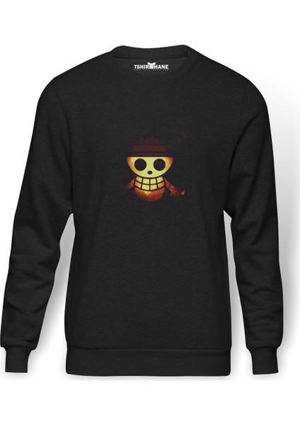 Straw Hat Pirate Flag Baskılı Füme Erkek Örme Sweatshirt Uzun Kol