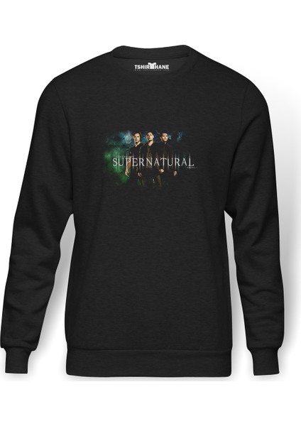 Supernatural Fear Baskılı Füme Erkek Örme Sweatshirt Uzun Kol
