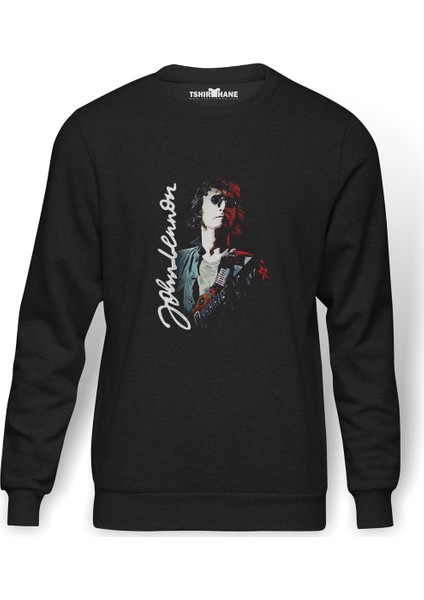 The Beatles John Lennon Baskılı Füme Erkek Örme Sweatshirt Uzun Kol