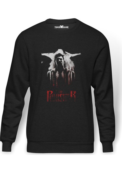 The Punisher Baskılı Füme Erkek Örme Sweatshirt Uzun Kol