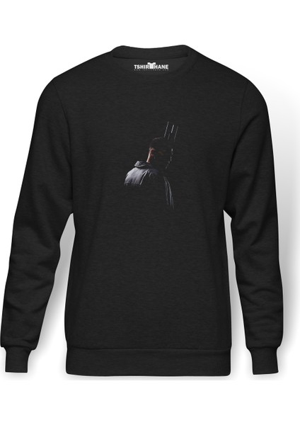 The Punisher Gun Baskılı Füme Erkek Örme Sweatshirt Uzun Kol