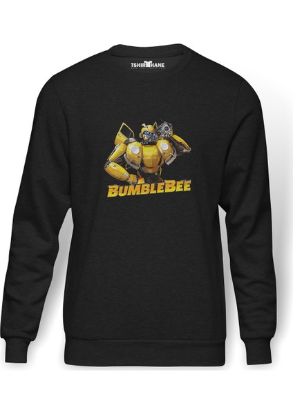 Transformers Bumblebee Music Black Baskılı Füme Erkek Örme Sweatshirt Uzun Kol
