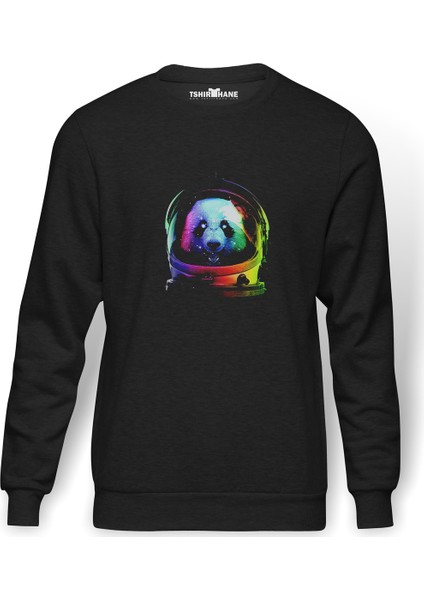 Uzaylı Panda Astronaut Panda Asronot Uzay Baskılı Füme Erkek Örme Sweatshirt Uzun Kol