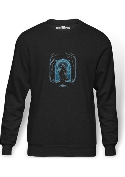 Of The Rings Speak Friend Baskılı Füme Erkek Örme Sweatshirt Uzun Kol