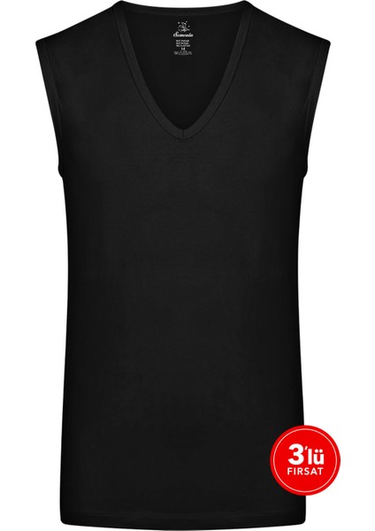 Erkek Modal Derin V Yaka Kolsuz Tshirt 3'lü Paket - Siyah