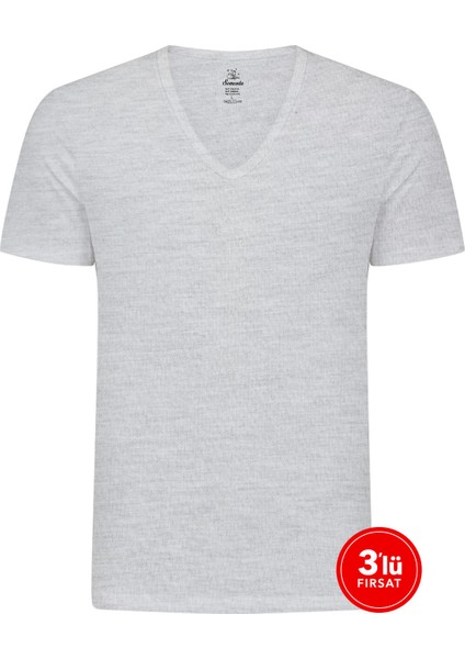 Erkek Modal Derin V Yaka Tshirt 3'lü Paket - Melanj