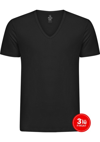 Erkek Modal Derin V Yaka Tshirt 3'lü Paket - Siyah