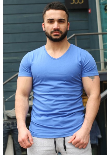 Düz Basic Saks T-Shirt 3005