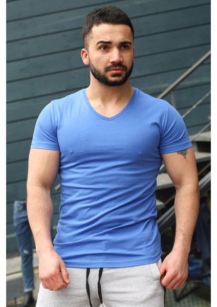 Düz Basic Saks T-Shirt 3005 modelleri