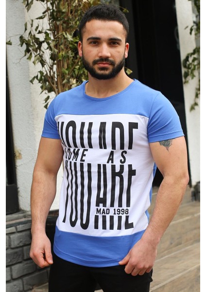 Bisiklet Yaka Baskılı Saks T-Shirt 3001