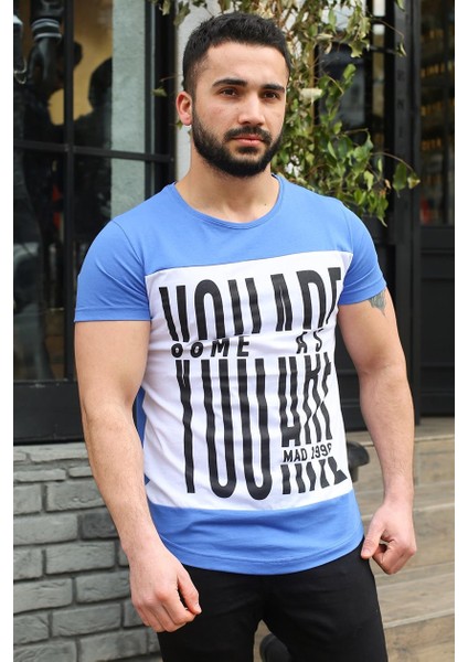 Bisiklet Yaka Baskılı Saks T-Shirt 3001