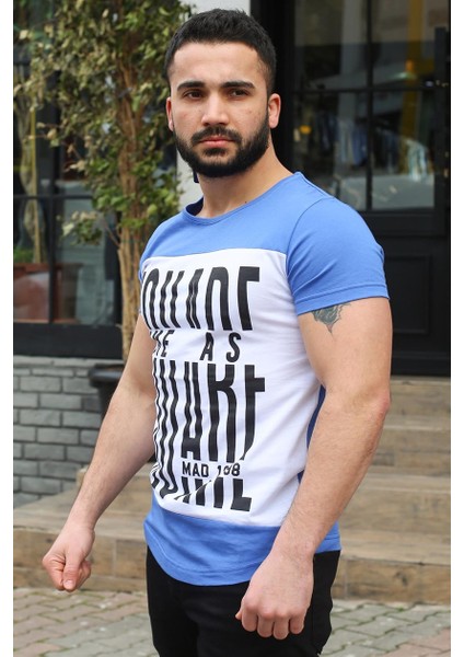 Bisiklet Yaka Baskılı Saks T-Shirt 3001