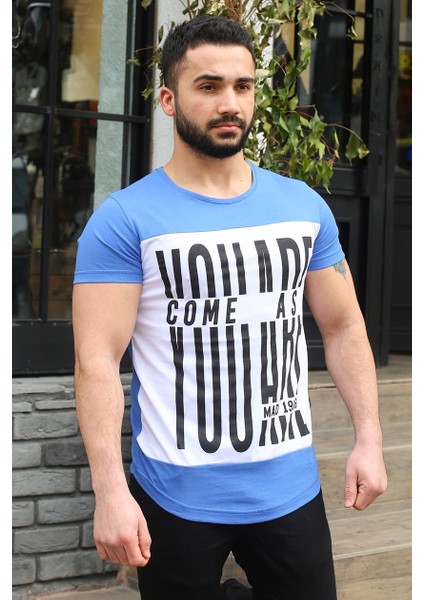 Bisiklet Yaka Baskılı Saks T-Shirt 3001