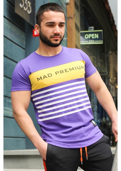 Çizgi Detaylı Baskılı Mor T-Shirt 3041