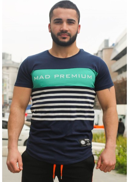 Çizgi Detaylı Baskılı Lacivert T-Shirt 3041