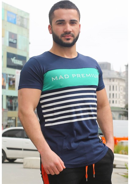 Çizgi Detaylı Baskılı Lacivert T-Shirt 3041