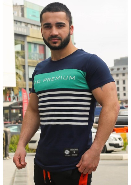 Çizgi Detaylı Baskılı Lacivert T-Shirt 3041
