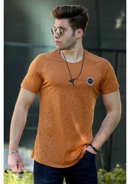 Yırtık Detaylı Camel T-Shirt T4002
