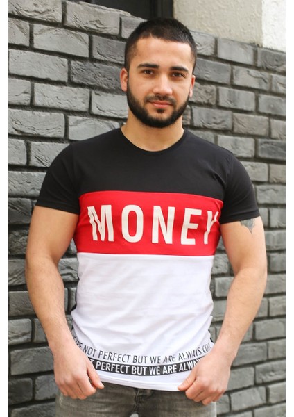 Renk Bloklu Yazı Detaylı Siyah T-Shirt 3077