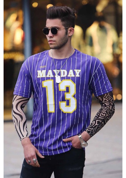 Mor Çizgi Detaylı Baskılı T-Shirt 3008