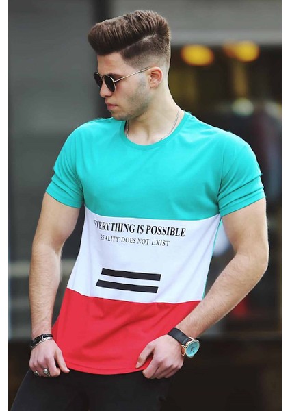 Renk Bloklu Baskılı Yeşil T-Shirt 3071