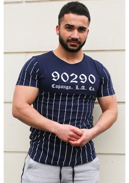 Bisiklet Yaka Çizgi Detaylı Lacivert T-Shirt 2863