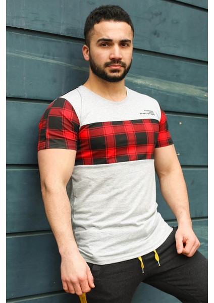 Bisiklet Yaka Ekoseli Beyaz T-Shirt 3004