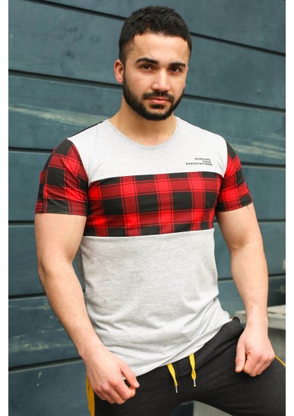 Bisiklet Yaka Ekoseli Beyaz T-Shirt 3004 modelleri