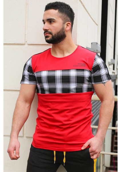 Bisiklet Yaka Ekoseli Kırmızı T-Shirt 3004