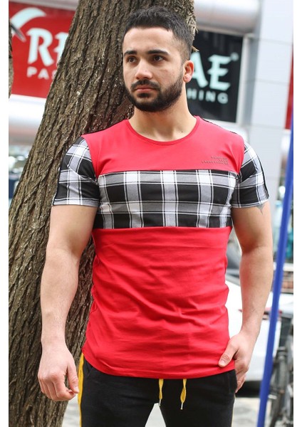 Bisiklet Yaka Ekoseli Kırmızı T-Shirt 3004