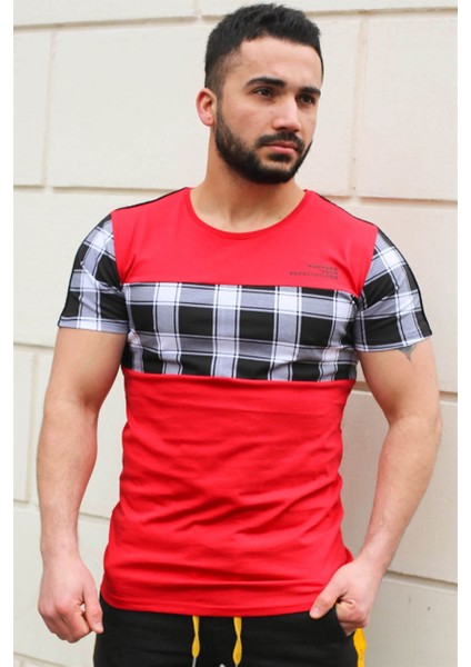 Bisiklet Yaka Ekoseli Kırmızı T-Shirt 3004