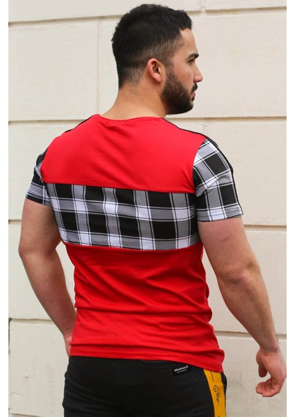 Bisiklet Yaka Ekoseli Kırmızı T-Shirt 3004