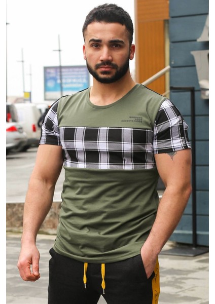 Bisiklet Yaka Ekoseli Haki T-Shirt 3004 fırsatları