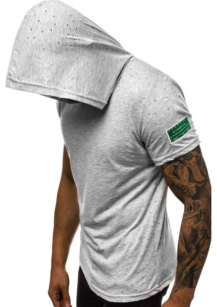 Yırtık Detaylı Gri Kapüşonlu T-Shirt 3069
