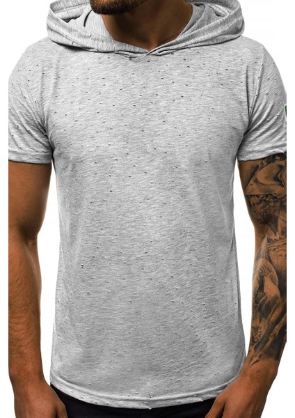 Yırtık Detaylı Gri Kapüşonlu T-Shirt 3069