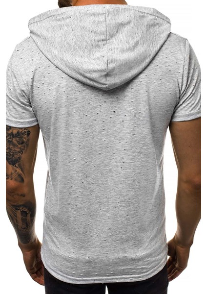 Yırtık Detaylı Gri Kapüşonlu T-Shirt 3069